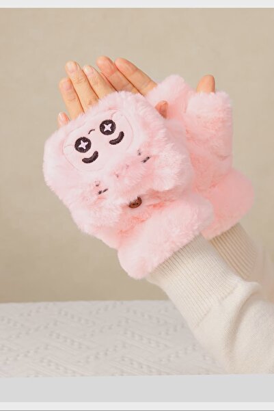MD Moda Accessories Plush Light Pink Character Fingerless Gloves – Soft Textu...
