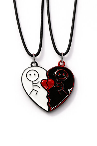 MakeWell Magnetic Smiling Figure Heart 2-Piece Lover Necklace – Black, White,...