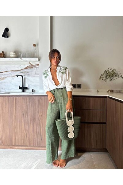 Julidress Embroidery Detailed Linen Shirt and Bark Pattern Pants Top and Bott...