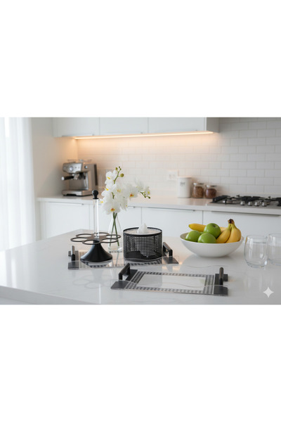 Generic A modern hospitality set including serving trays, a cup holder, and a...