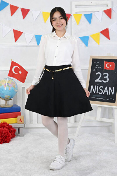 STYLENEST 23 Nisan Kız Çocuk Siyah Etek – Kemerli, Diz Üstü, Şık Bayram Kombini