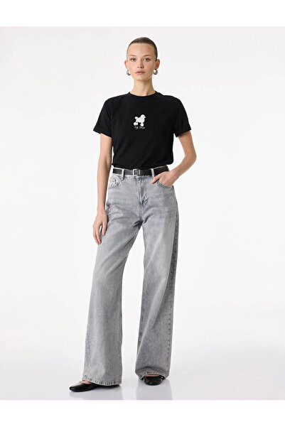 Koton Μαύρο Γυναικείο T-Shirt με Λεπτομέρεια Κεντήματος Σκύλου 6SAK50104EK