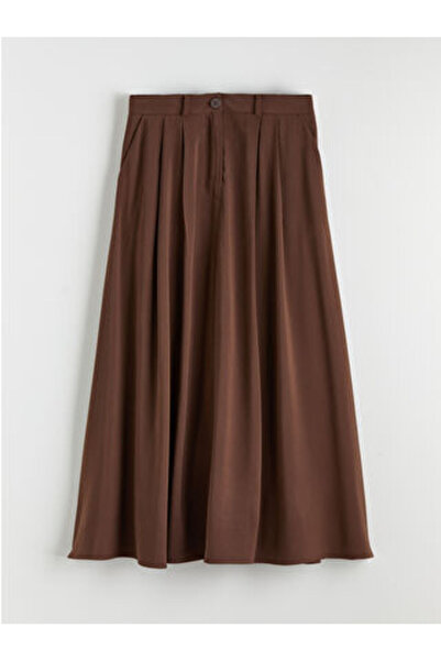 LC Waikiki M1 Sezon Brown High Waist Pleated Skirt