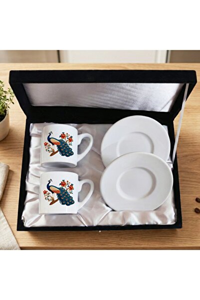 ZERYA Peacock Design Velvet Black Colored Boxed Set of 2 Porcelain Coffee Cup...