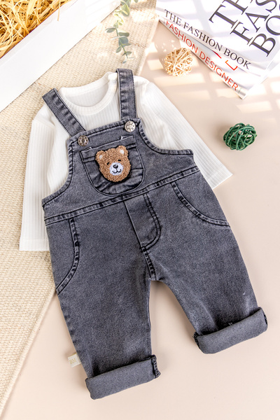 Babymod Denim Baby Boy Jeans Overalls with Teddy Bear Figure