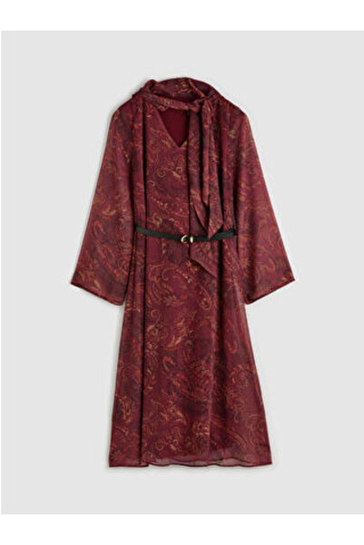 LC Waikiki M1 Season Mixed Shawl Collar Patterned Spanish Sleeve K Belt I Dress