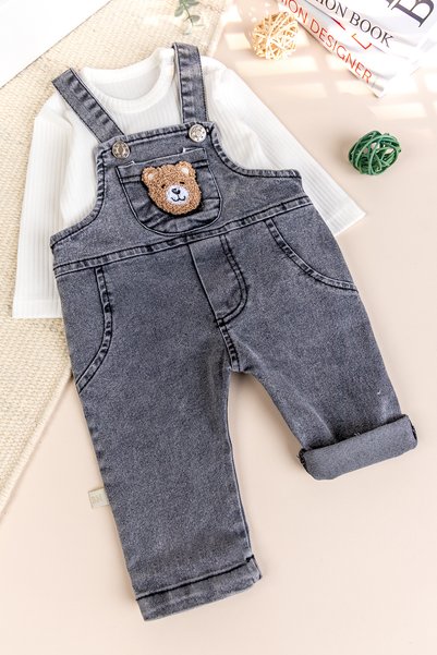 Babymod Denim Teddy Bear Figure Baby Boy Denim Overalls Romper