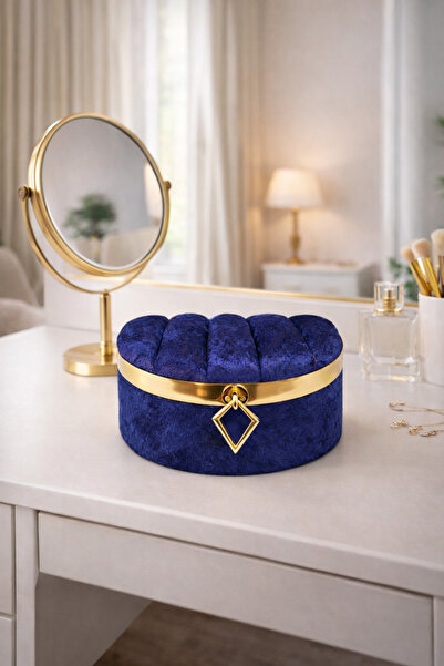 EL-MAR HOME Lacivert Kadife Gold Detaylı Oval Takı Kutusu-Sandık