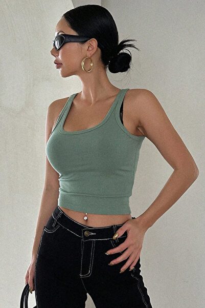 ROSAMİNA Women's Gray Camisole Fabric Wide Strap Crop Blouse