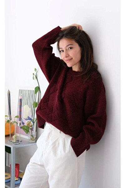 AlanTeks Crew Neck Baklava Pattern Plush Detailed Casual Thick Knitwear Sweat...