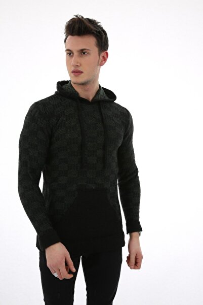 yesıl sarmasık 35 Men's Patterned Hooded Casual Knit Sweater with Pockets