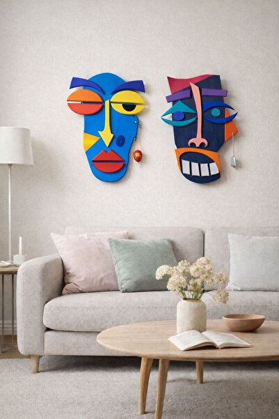 Soyut İkili Maske 50 x 50 cm Ahşap Etnik Duvar Dekoru | Sanatsal Ev, Kafe Dekorasyonu