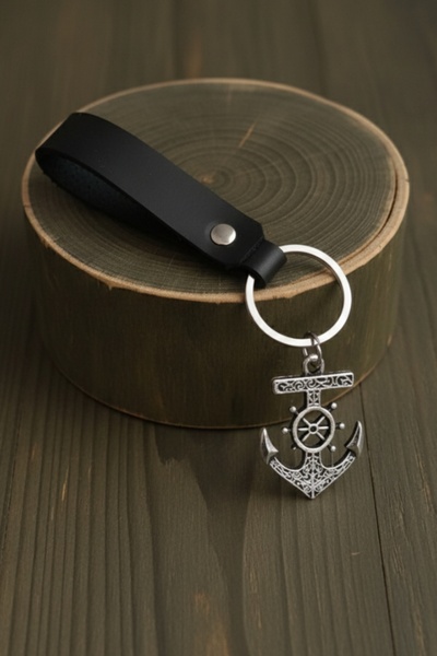AB Takı Anchor Design Real Leather Keychain Black Genuine Leather Keychain Fa...