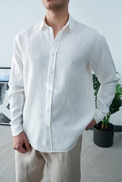 Wonraces Men's White Oversize Comfortable Fit Long Sleeve 100% Raw Linen Shirt
