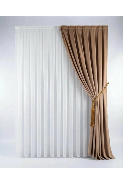 İNCİLİFE Açık Kahverengi Kadifemsi Ada Fon Perde – 1/2,5 Orta Pileli (V-9)