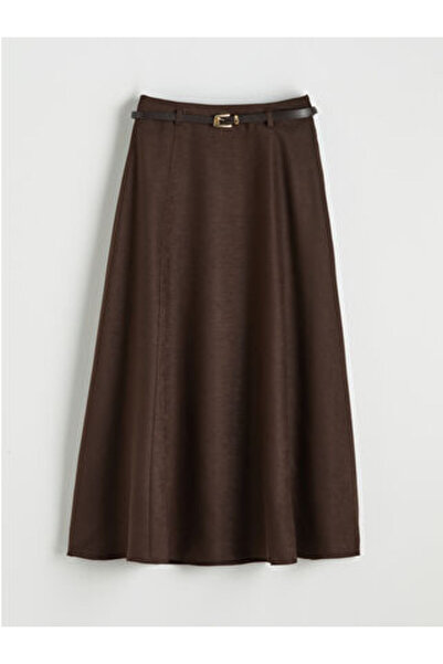 LC Waikiki Brown Belted A-Line Suede Look Skirt