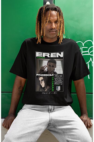 SEVBANO Tricou unisex supradimensionat cu imprimeu Eren Yeager Freedom Tataka...
