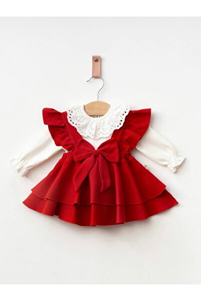 COLORED BABY Baby Girl 2-Piece Set Red Dress with Bow and Scallop Collar Blouse