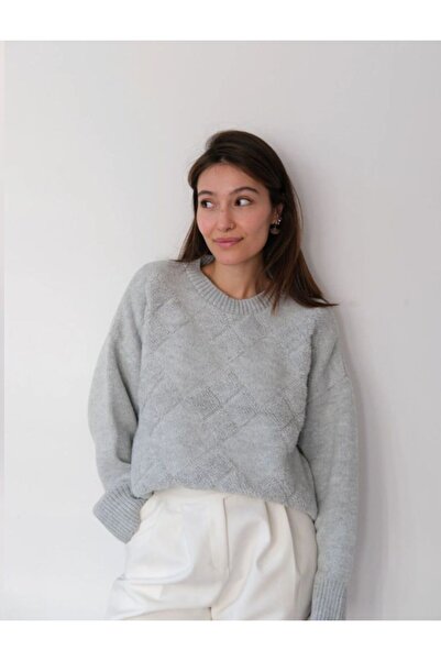 AlanTeks Crew Neck Baklava Pattern Plush Detailed Casual Thick Knitwear Sweat...