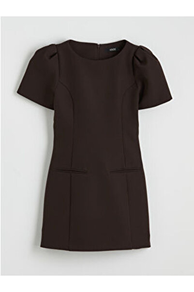 LC Waikiki Kahverengi Bisiklet Yaka Karpuz Kol Mini Elbise