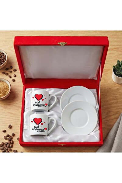 ZERYA طقم فناجين قهوة من البورسلين مكون من قطعتين مع علبة حمراء اللون عليها ع...