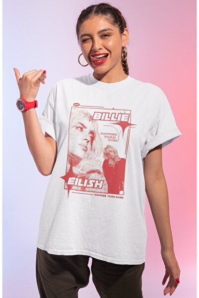 SEVBANO تي شيرت بيلي إيليش أكثر سعادة من أي وقت مضى مطبوع للجنسين مقاس كبير