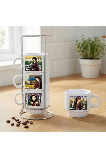 ZERYA Kürtçe Season Names Design Porcelain Coffee Cup Set of 4 with Stand - F...