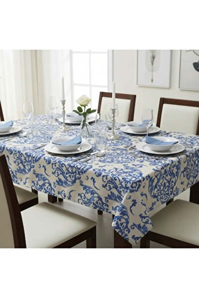 SyaMAG Tablecloth, textile, cotton/polyester, 180x140 cm, blue beige, baroque...