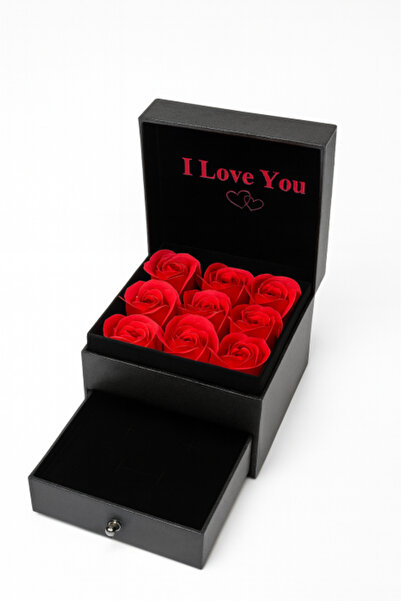 OEM Black Gift Box with 9 Red Soap Roses, Drawer Model, Bag Included, 11x8 cm