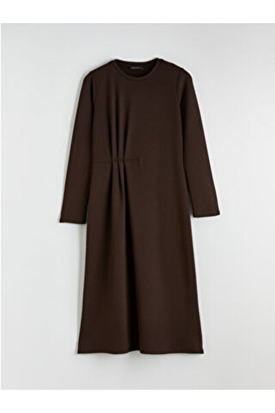 LC Waikiki M1 Sezon Brown Crew Neck Ruched Dress