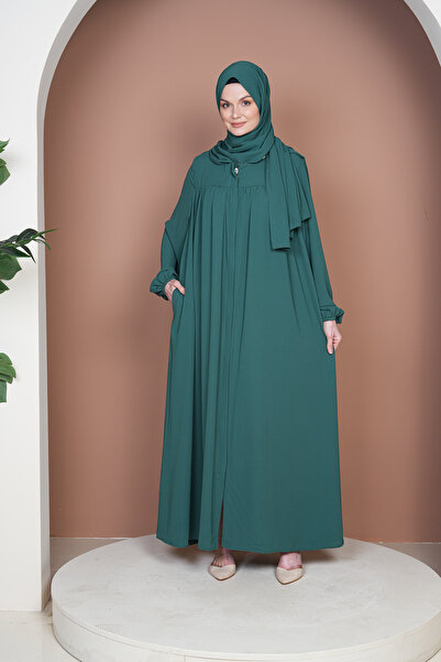 lunaferace Yeşil, Medine İpeği, ZERA Model Ferace Elbise, Robalı ve Boydan Gi...