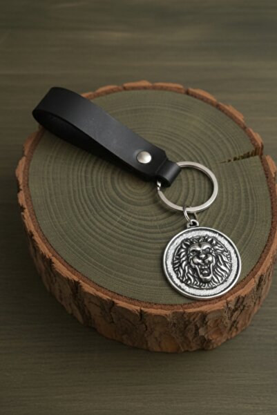 AB Takı Premium Lion Design Real Leather Keychain Black Genuine Leather Keych...