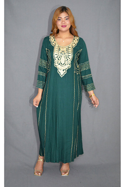 Zainah Embroidered Neck Jalabiya Modest Dress - Long Sleeve Viscose Polyester...
