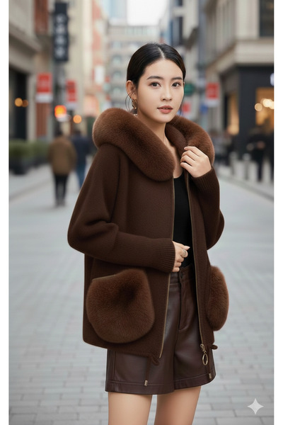 EREN STYLE Italian Angora Fur Coat with Pockets and Hood