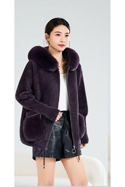 EREN STYLE Italian Angora Fur Coat with Pockets and Hood