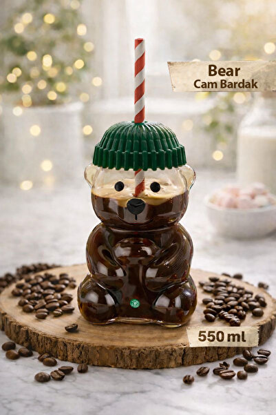 naturelove Barista Ayıcık Tasarımlı Cam Pipetli Soğuk İçecek Kahve Bardağı - ...