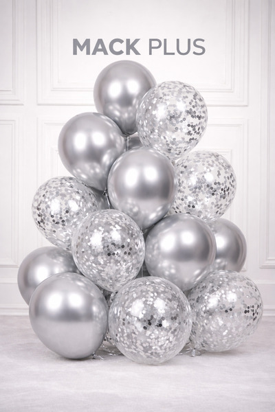 GOLDCENTER 10’lu Gümüş ve Şeffaf Balon Seti – Gümüş Pul Detaylı Şık Parti Bal...