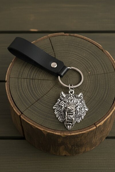 AB Takı Viking Wolf Design Real Leather Keychain Black Genuine Leather Keycha...