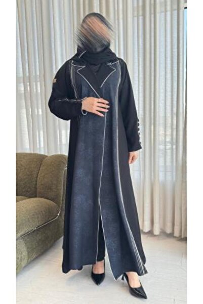 DOUBLE1WAN Crepe abaya with an elegant blazer design, featuring embroidered t...