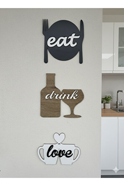 SAYILI COLLECTION 3’lü Ahşap Mutfak Duvar Dekoru ‘Eat Drink Love’ Yazılı Mode...