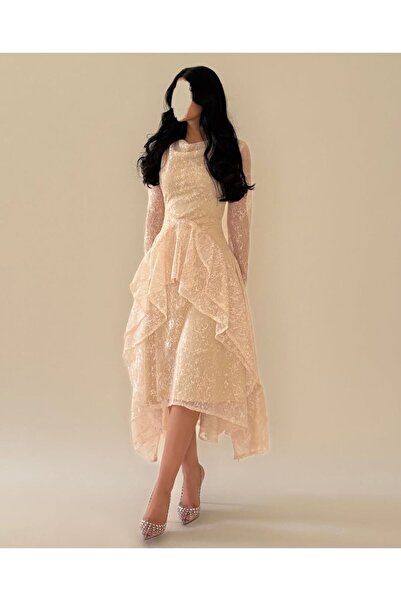 Cutie Soft pink midi dress with pearl embroidery and classic sleeves - a shor...