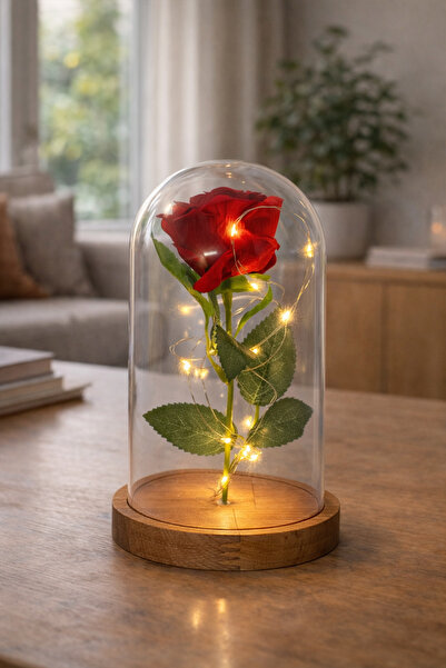 Zemtigo Lüx Ahşap Tabanlı Fanus Içerisinde Peri Led Işıklı Solmayan Kırmızı G...