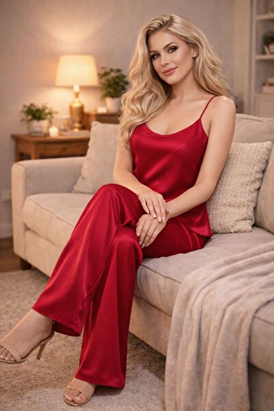 Jermo Women's Satin Woven Detailled 2-Piece Pajama Set