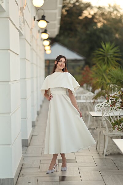 MEİZA KADIN BEYAZ PELERİN DETAY ABİYE NİKAH ELBİSESİ