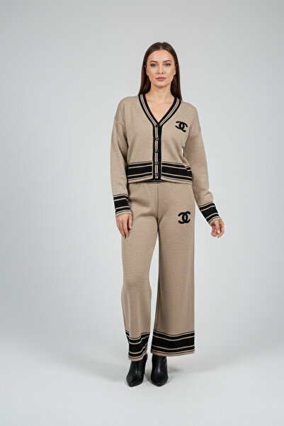 YusGos Women's Buttoned Striped Knitwear Cardigan Trousers College Bottom Top...