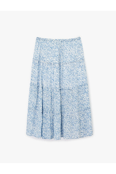 Koton Beli Lace-Up Viscose Crinkle A-Line Floral Long Skirt