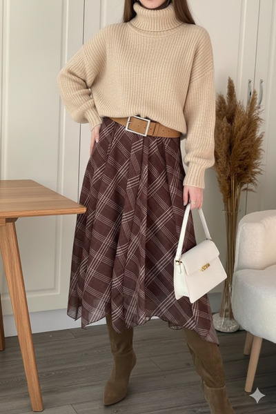 QETEENN Fusta midi cu model în carouri și croială asimetrică MARO