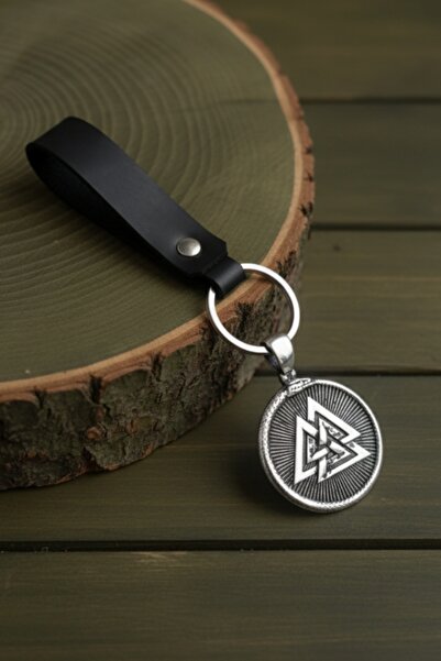 AB Takı Valknut Design Real Leather Keychain Black Genuine Leather Keychain F...