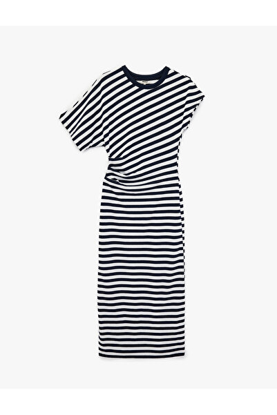 Koton Short Sleeve Crew Neck Draped Detailed Striped Midi Dress