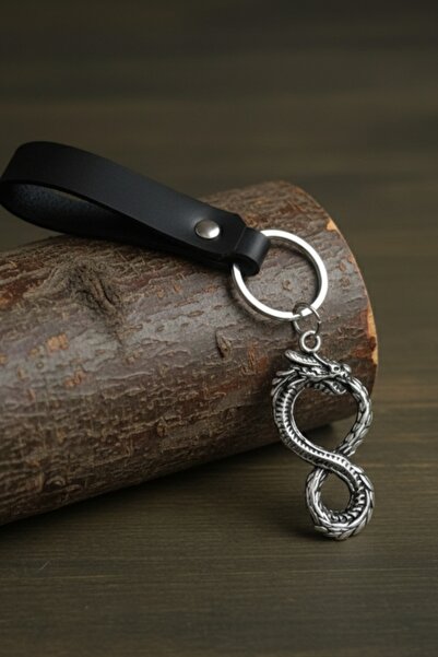 AB Takı Self-Eating Dragon Design Real Leather Keychain Black Genuine Leather...